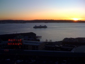 Sunset with a ferry